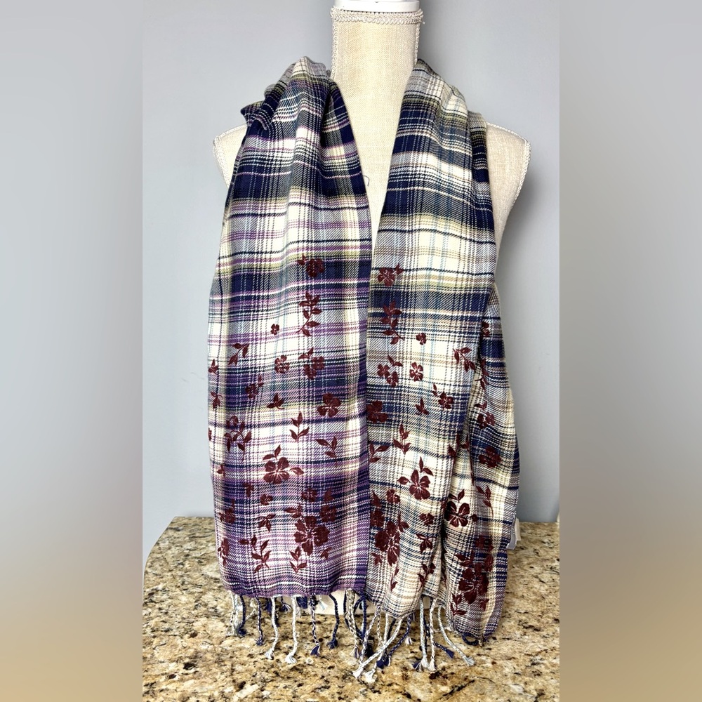 J Jill Blue and Purple Plaid Scarf with Velvet Flocked Flowers and Fringe - Picture 4 of 6